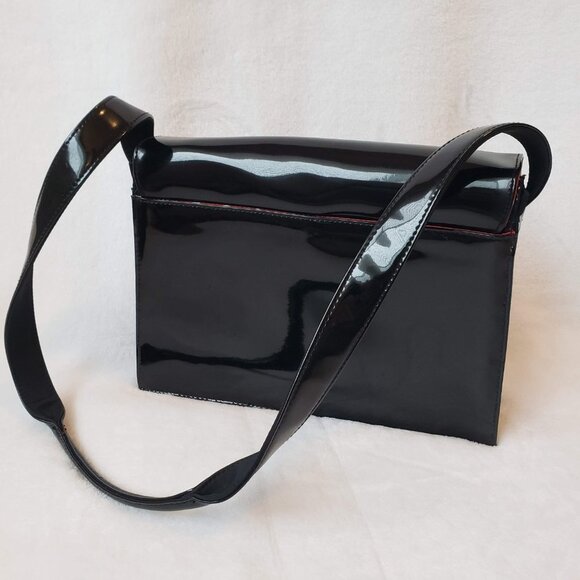 LIZ CLAIBORNE Shiny Patent Shoulder Bag Structured Retro Polka Dot Lining - Picture 4 of 15